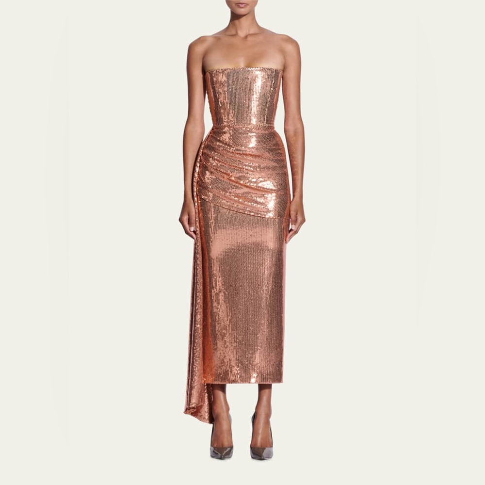 Alex Perry Strapless Draped sequin mesh midi dress